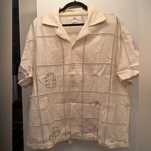 Zara Beige Embroidered Button-Up Shirt